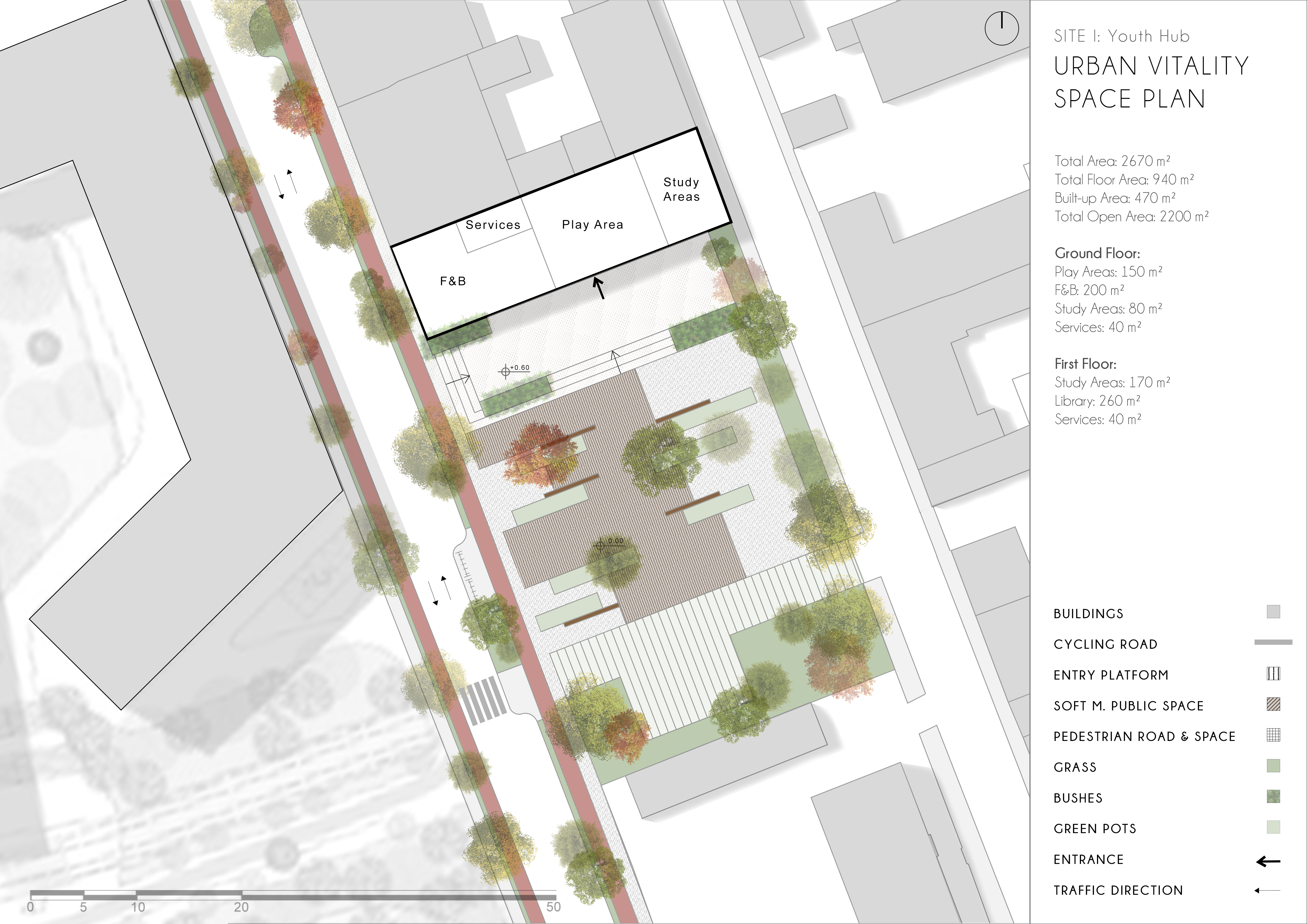 Site 1 Urban Vitality Space Plan — F&B, play area, study areas, and services across ground and first floors